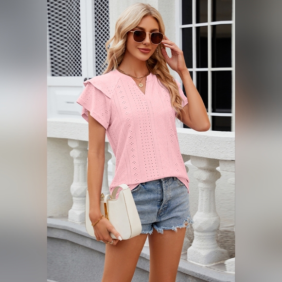 Eyelet Notched Short Sleeve T-Shirt - Picture 3 of 5